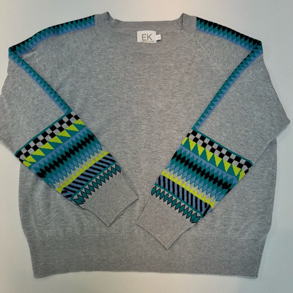 Women's Stylish Gray Sweater with Blue and Green Patterns